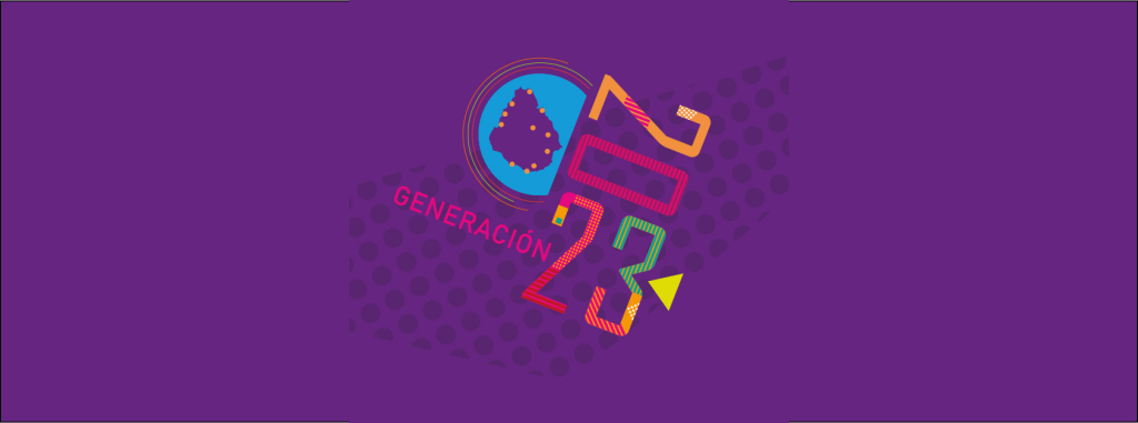 Ilustración. En un fondo violeta la palabra "Generación" y el año "2023". Hay una ilustración del mapa de Ururguay con diferentes puntos en su territorio.